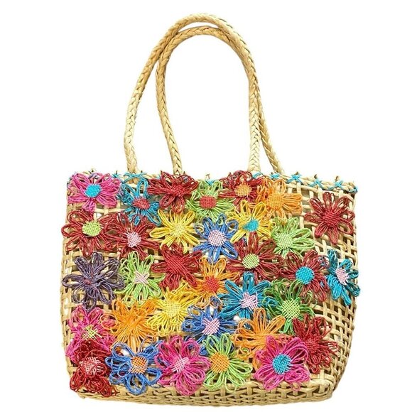 VTG Large Woven Raffia Straw Flower Floral Tote Bag Purse Beach BOHO 155D - Picture 1 of 9